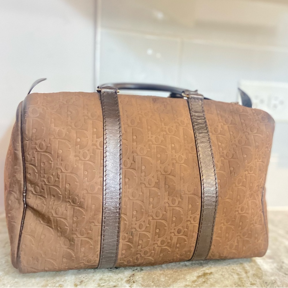 Vintage Brown Suede Dior Embossed Boston Bag